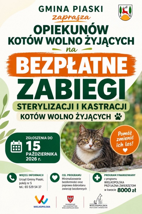 plakat informujący o bezpłatnych zabiegach sterylizacji i kastracji kotów wolno żyjących