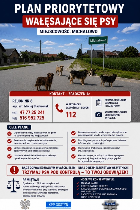 Plakat informujący, że w planie priorytetowym zostały ujęte wałęsające się psy w miejscowości Michałowo